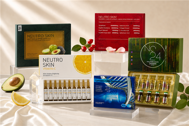 Popular Beauderm International skincare products including Vitamin C, Rose Hip, Avocado, NC24 and Laroscorbine