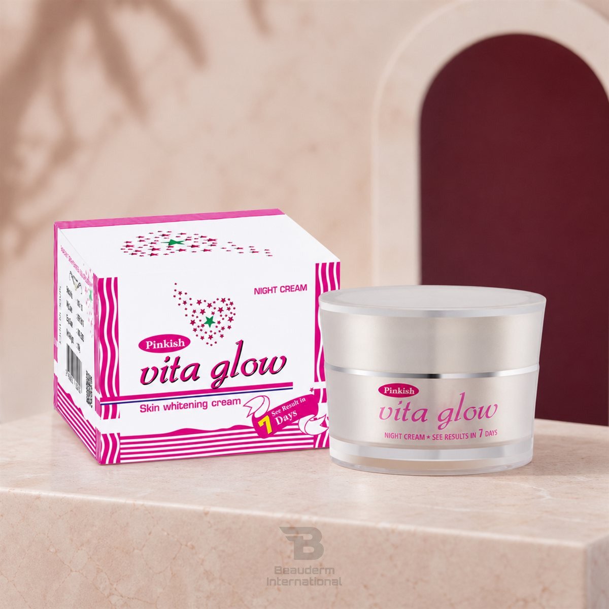 Pinkish Vita Glow Night Cream premium studio – Beauderm Pinkish Vita Glow Skin Whitening Night Cream professional skincare product – Beauderm International