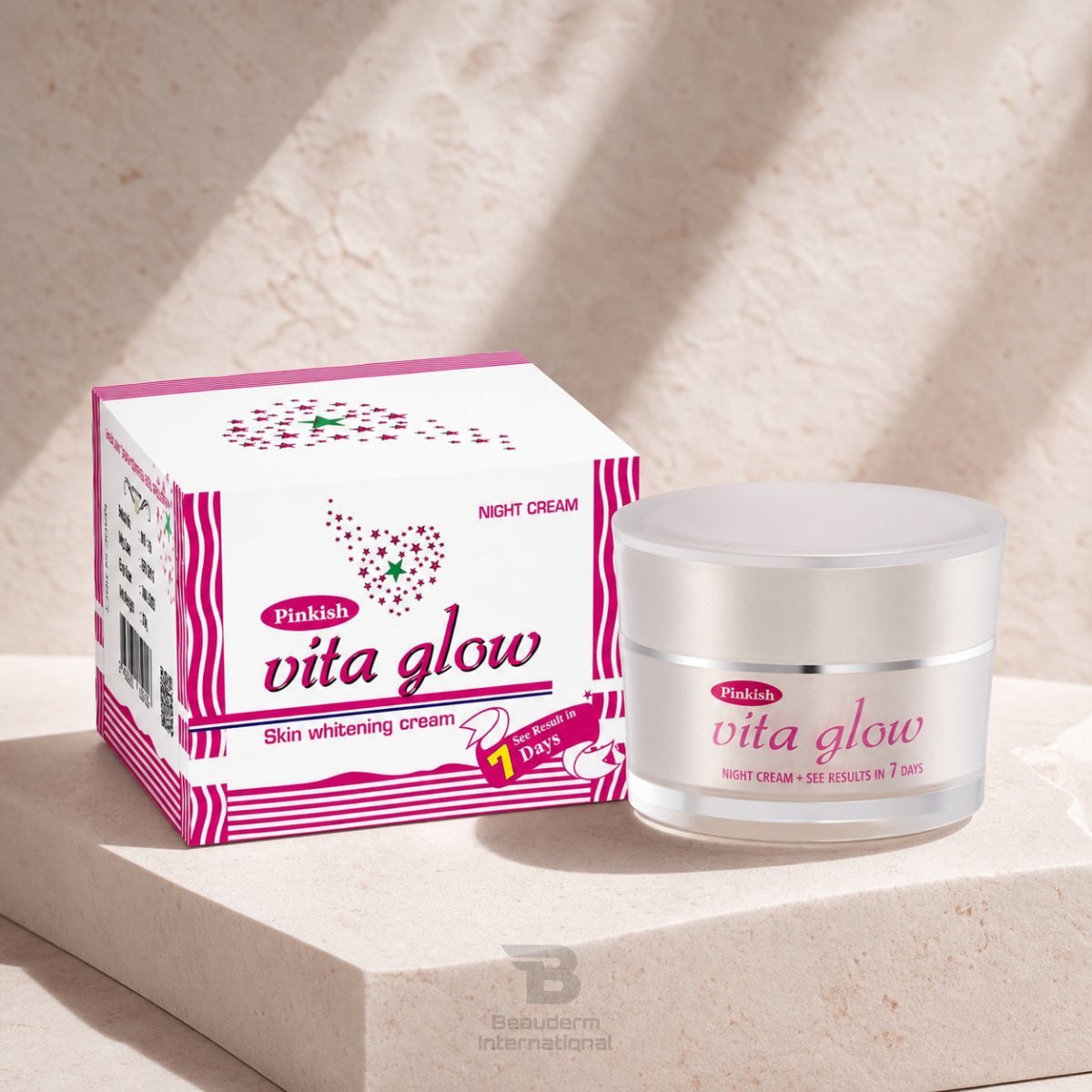 Pinkish Vita Glow Night Cream premium detail – Beauderm Pinkish Vita Glow Skin Whitening Night Cream professional skincare product – Beauderm International